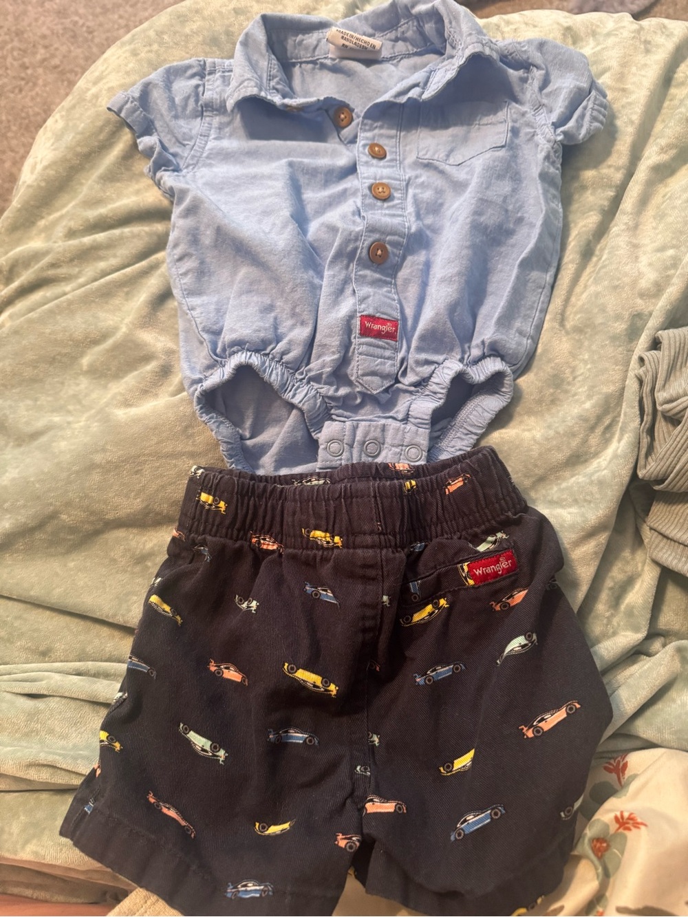 Wrangler Light Blue Button-Up Bodysuit and Navy Car-Print Shorts